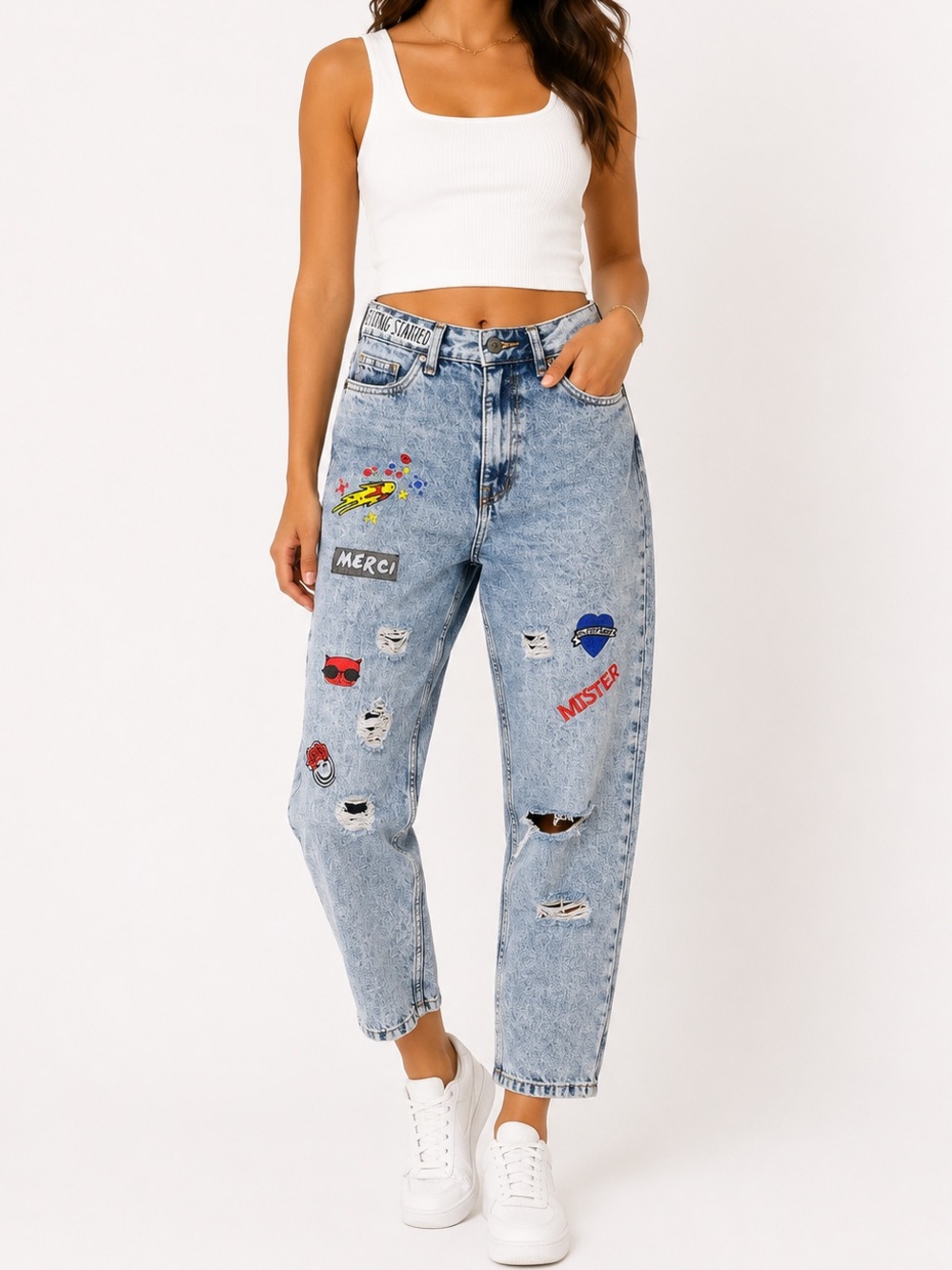 ONLY Kelly Blue Denim Embroidered Patch Distressed Jeans Size 28
